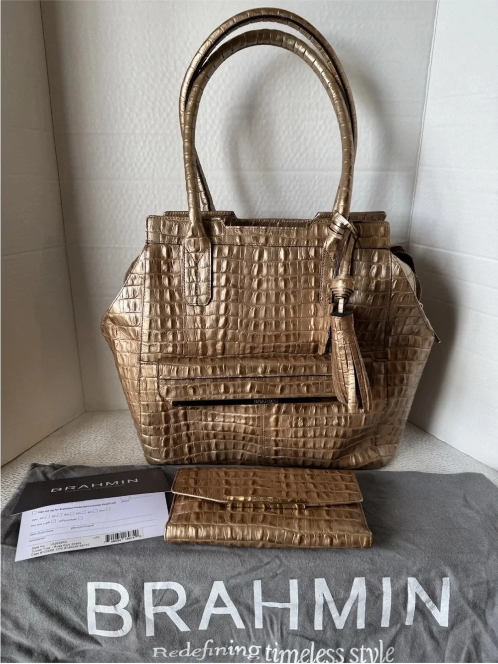 Brahmin Rose Gold Strada Croc-Embossed Metallic Bronze Tote with Wallet